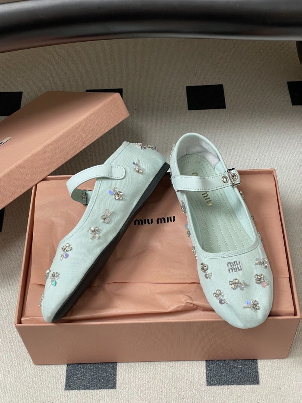 Miu Miu Light Blue Rhinestone-Embellished Mary Jane Ballet Flats - Picture 7 of 9